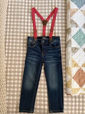 OshKosh B'gosh Dark Wash Denim Jeans with Red Striped Suspenders